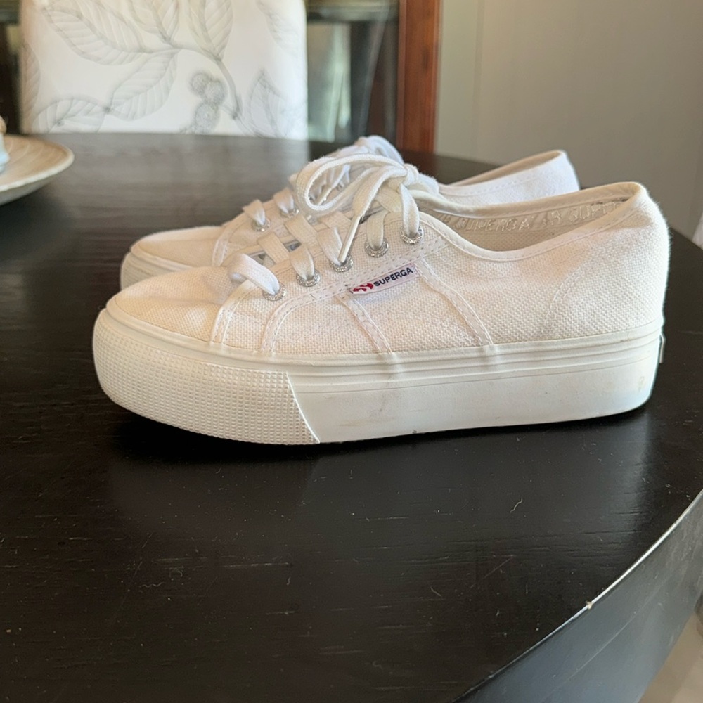 Superga White Canvas Platform Sneakers